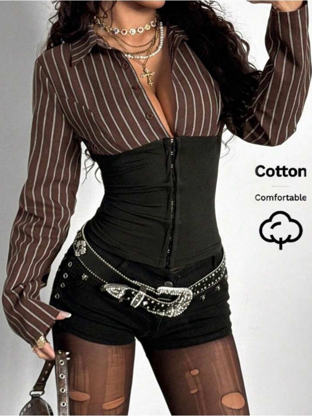 Brown Striped Button-Down Corset Top